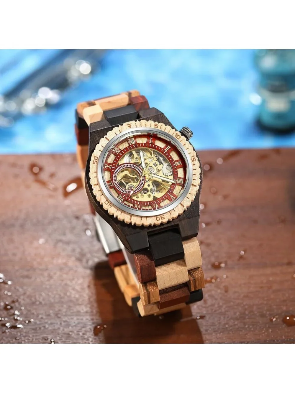 Men's Coffee Brown Analog No Battery Fashion Mechanical Movement Wooden Watch